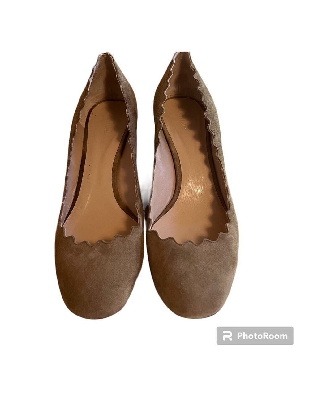 Chloe’ Lauren Scalloped Suede Block Heel Pumps Sz-8/38